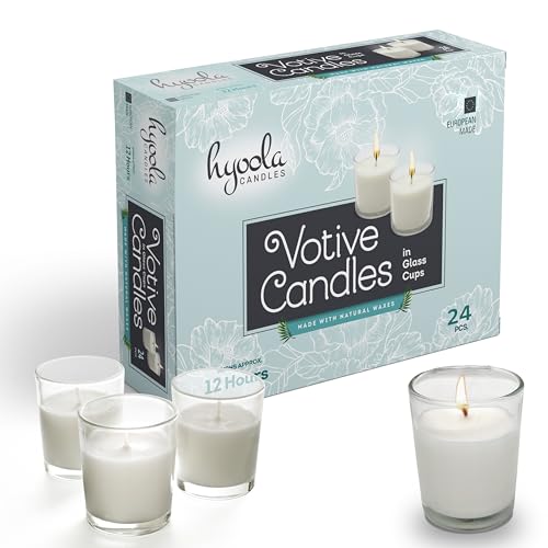 Hyoola White Votive Candles in Glass - Pack of 24 Votive Candle - 12 Hour Burn Time - Unscented Votive Candles - Glass Votives