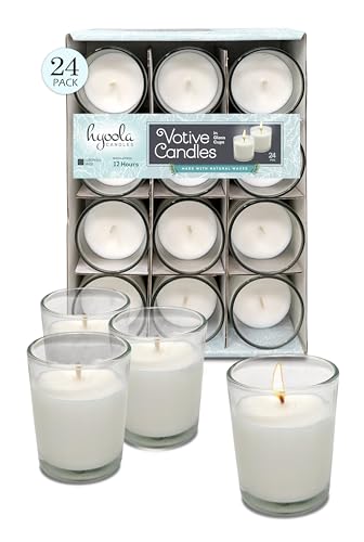 Hyoola White Votive Candles in Glass - Pack of 24 Votive Candle - 12 Hour Burn Time - Unscented Votive Candles - Glass Votives