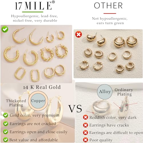 Gold Hoop Earrings Set for Women, 14K Gold Plated Lightweight Hypoallergenic Chunky Open Hoops Set for Gift