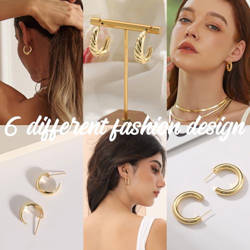 Gold Hoop Earrings Set for Women, 14K Gold Plated Lightweight Hypoallergenic Chunky Open Hoops Set for Gift