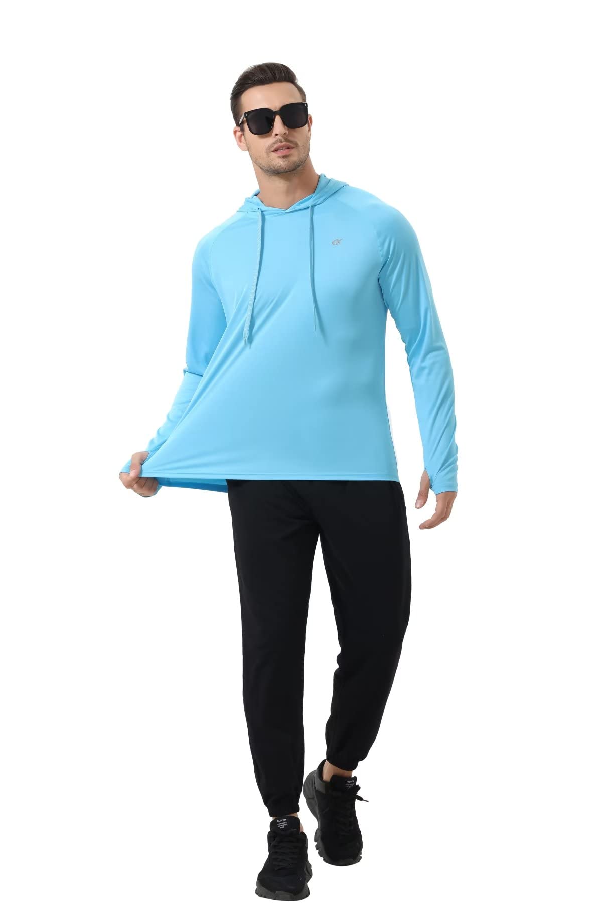 Yundobop Men's UPF 50+ Rash Guard Swim Shirt Long Sleeve Athletic Hoodies Lightweight Fishing Running Thumbholes Shirt Sky Blue XL