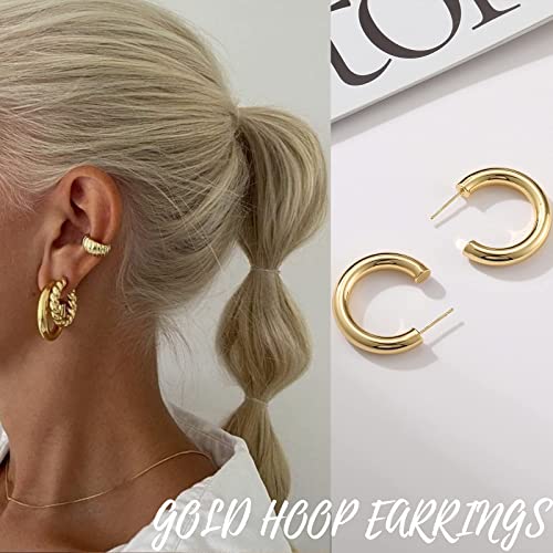 Gold Hoop Earrings Set for Women, 14K Gold Plated Lightweight Hypoallergenic Chunky Open Hoops Set for Gift