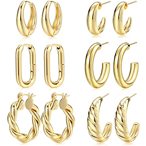 Gold Hoop Earrings Set for Women, 14K Gold Plated Lightweight Hypoallergenic Chunky Open Hoops Set for Gift