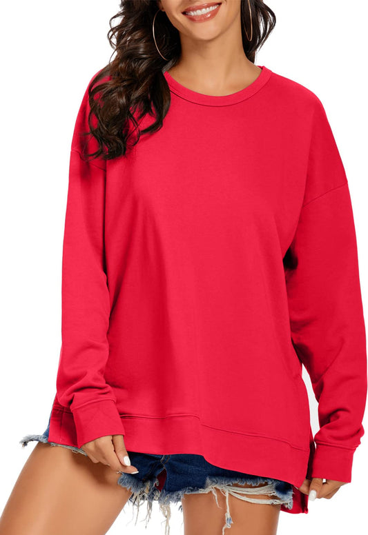 APEIYU Womens Casual Tops Long Sleeve High Low Sweatshirt Loose Round Neck Jumper Pullover Tops with Side Cutouts Red L