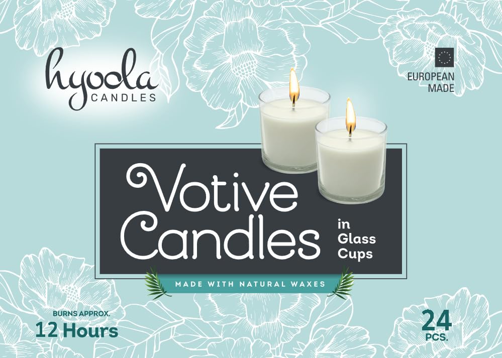 Hyoola White Votive Candles in Glass - Pack of 24 Votive Candle - 12 Hour Burn Time - Unscented Votive Candles - Glass Votives