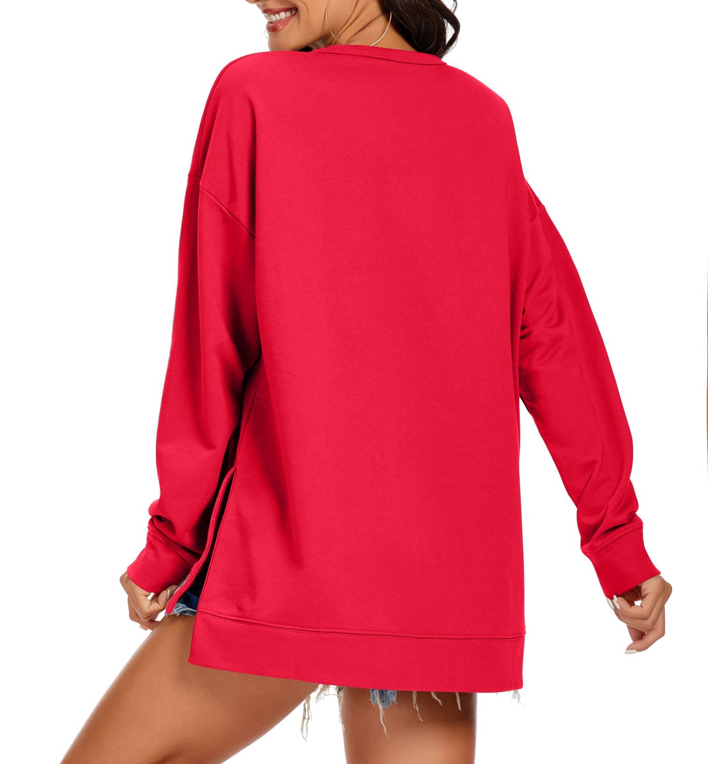 APEIYU Womens Casual Tops Long Sleeve High Low Sweatshirt Loose Round Neck Jumper Pullover Tops with Side Cutouts Red L