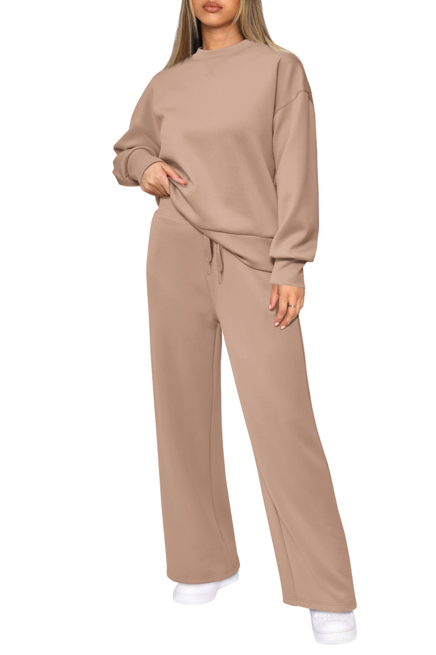 PRETTYGARDEN 2 Piece Outfits For Women 2024 Fall Casual Crewneck Pullover Tops Lounge Pants Sweatsuit Sets (Khaki,Medium)