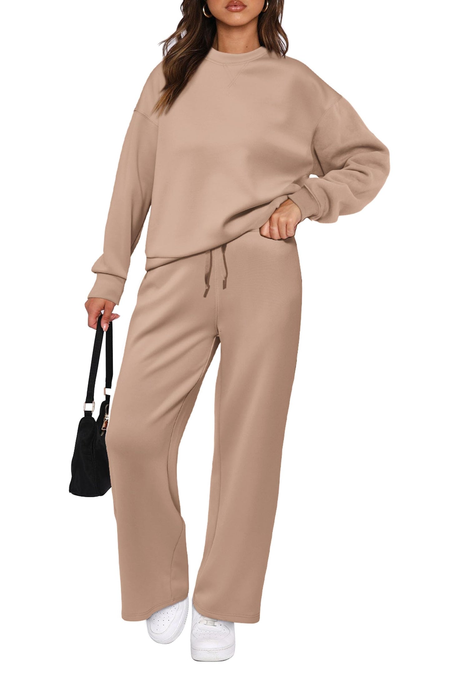 PRETTYGARDEN 2 Piece Outfits For Women 2024 Fall Casual Crewneck Pullover Tops Lounge Pants Sweatsuit Sets (Khaki,Medium)