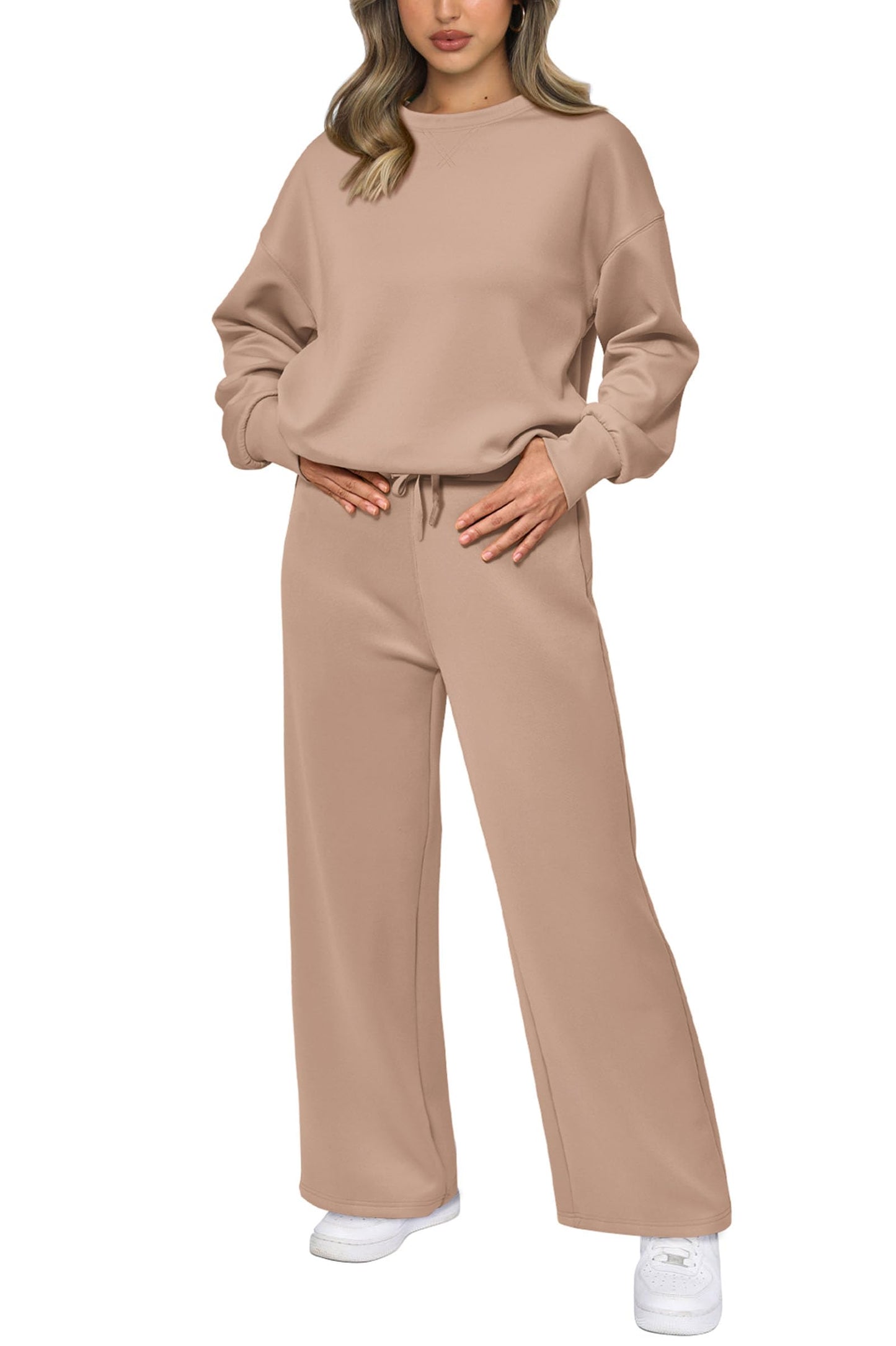 PRETTYGARDEN 2 Piece Outfits For Women 2024 Fall Casual Crewneck Pullover Tops Lounge Pants Sweatsuit Sets (Khaki,Medium)