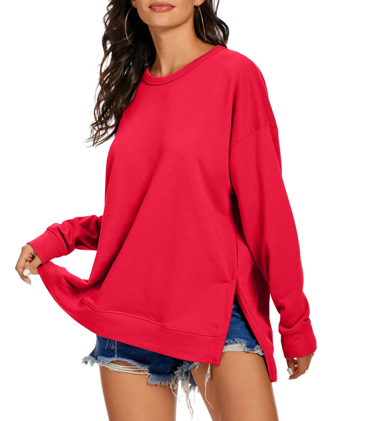 APEIYU Womens Casual Tops Long Sleeve High Low Sweatshirt Loose Round Neck Jumper Pullover Tops with Side Cutouts Red L