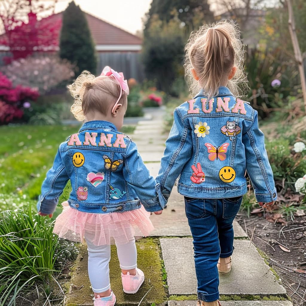 Personalized Kids Denim Jacket with Name, Back to School Outfits for Girls, Custom Denim Patch Jacket Long Sleeve Jacket for Boys Girl Toddles Gifts for 1-8 Year Old