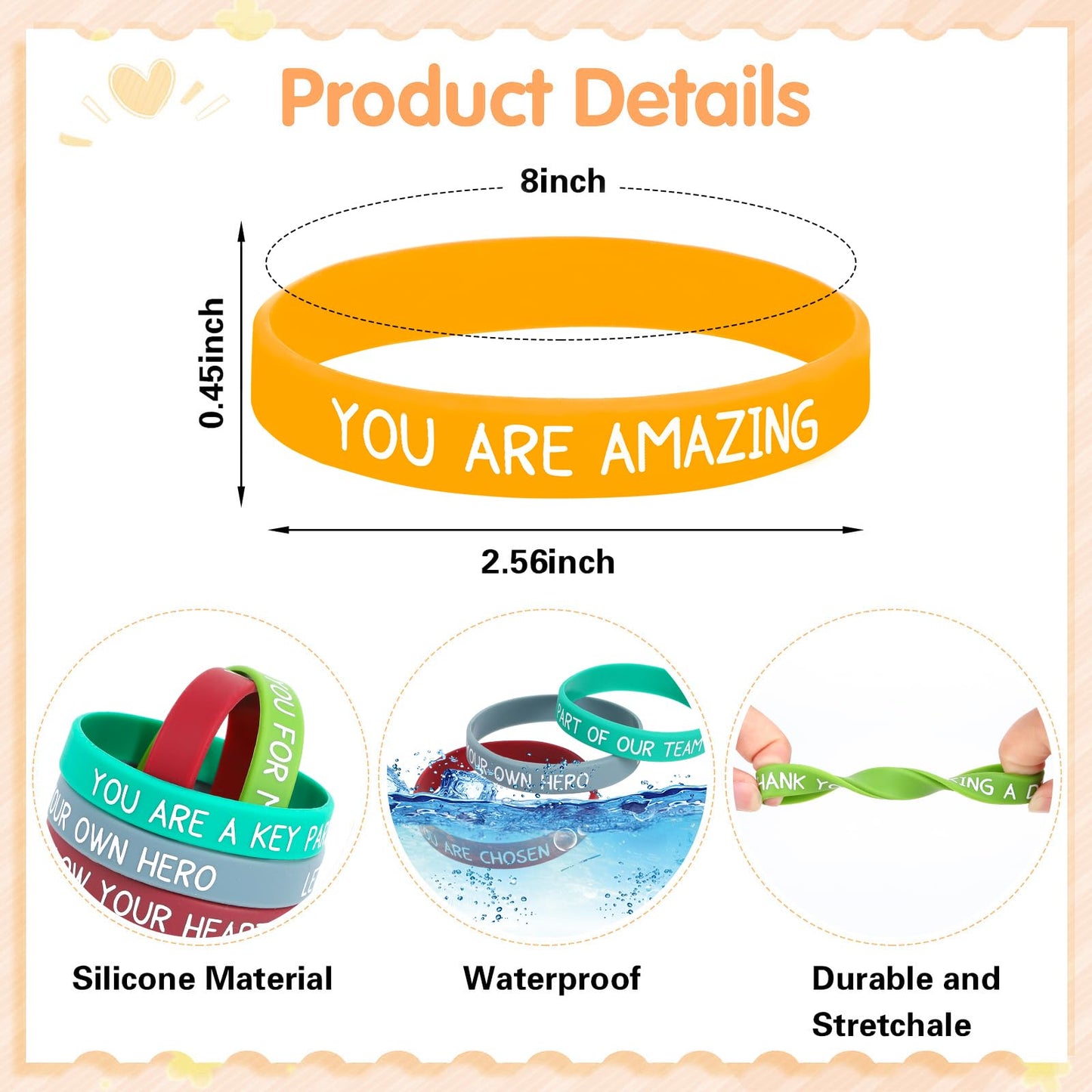 JUNEBRUSHS 64pcs Motivational Silicone Bracelets Bulk Colored Inspirational Rubber Wristbands Unisex for Student Teacher Office Prizes Gifts Back to School Party Favor Supplies