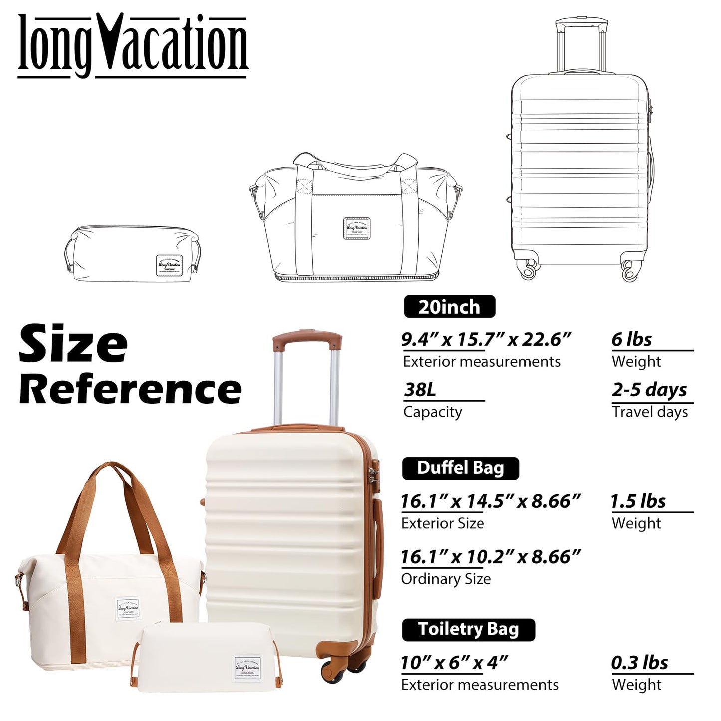 LONG VACATION Luggage Sets 20 in Carry on Suitcase ABS Hardshell Luggage 3 Piece Set with TSA Lock Spinner Wheels(WHITE-BROWN, 20 INCH)