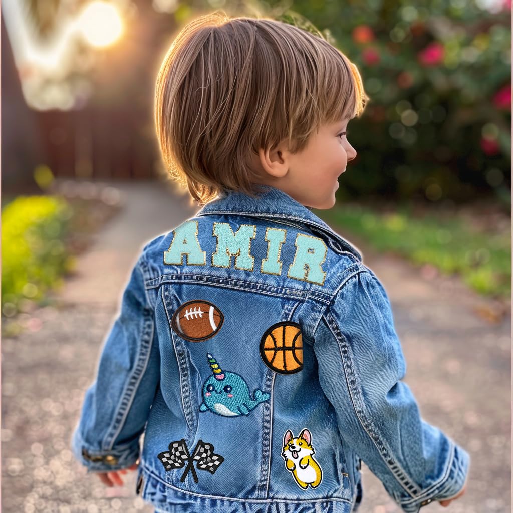 Personalized Kids Denim Jacket with Name, Back to School Outfits for Girls, Custom Denim Patch Jacket Long Sleeve Jacket for Boys Girl Toddles Gifts for 1-8 Year Old