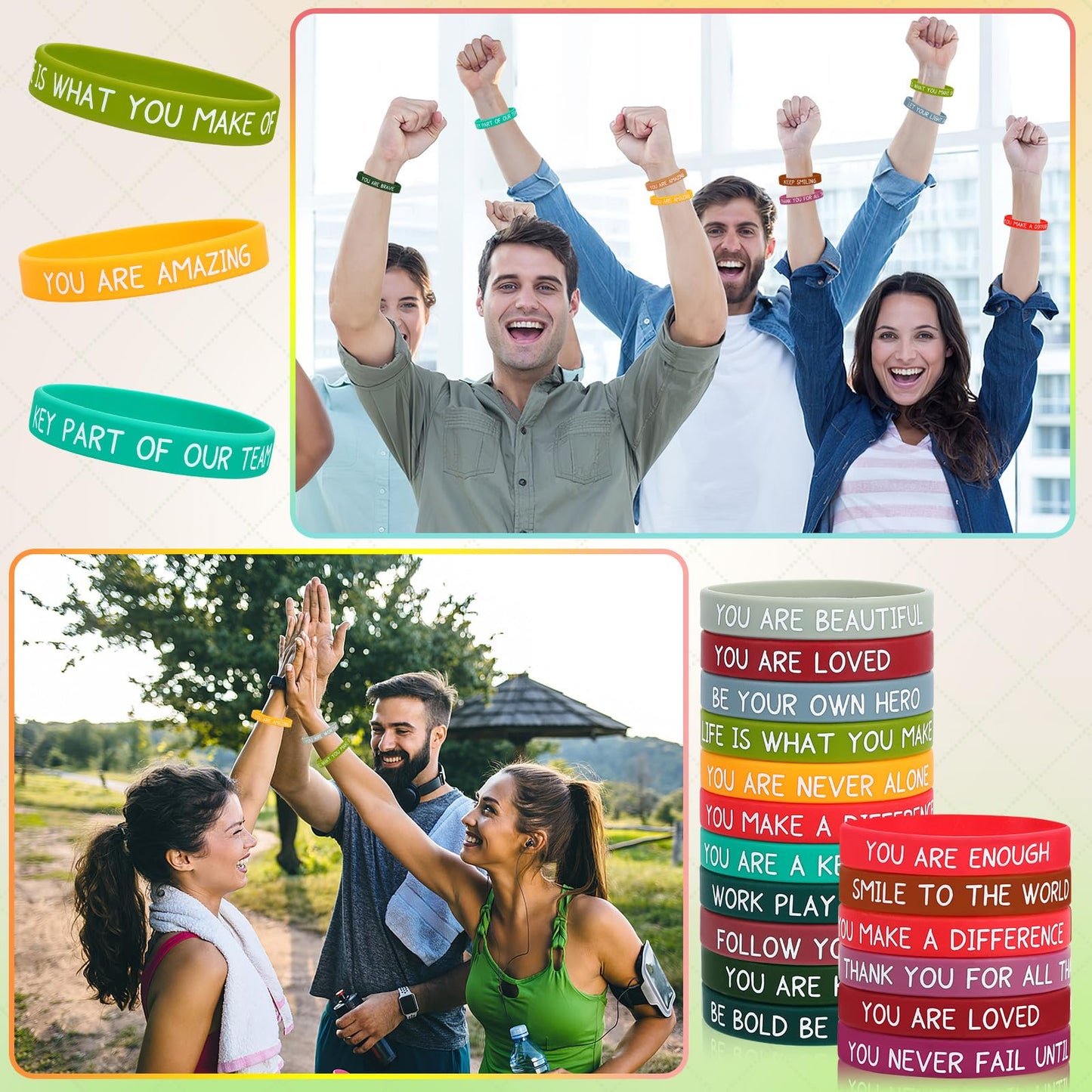 JUNEBRUSHS 64pcs Motivational Silicone Bracelets Bulk Colored Inspirational Rubber Wristbands Unisex for Student Teacher Office Prizes Gifts Back to School Party Favor Supplies