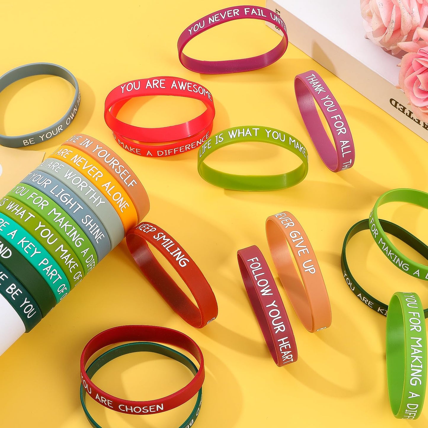 JUNEBRUSHS 64pcs Motivational Silicone Bracelets Bulk Colored Inspirational Rubber Wristbands Unisex for Student Teacher Office Prizes Gifts Back to School Party Favor Supplies