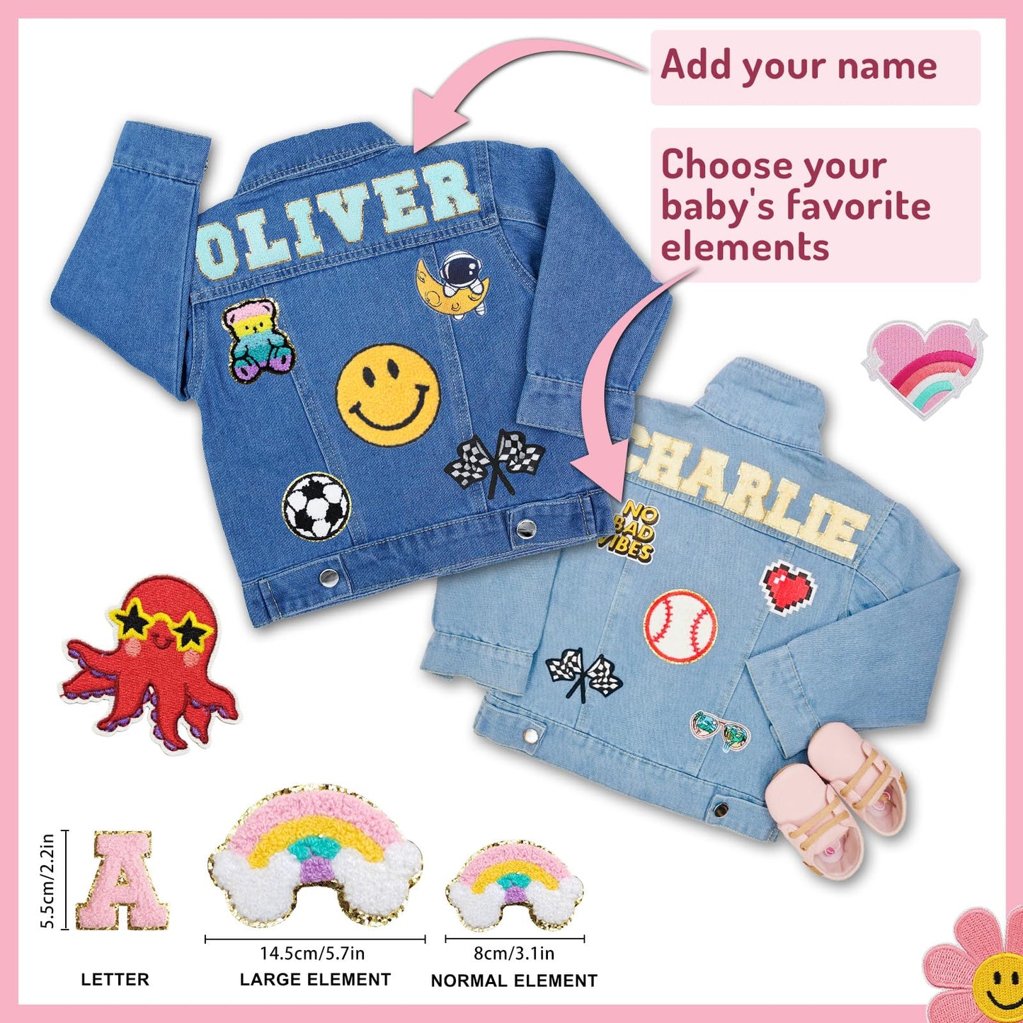 Personalized Kids Denim Jacket with Name, Back to School Outfits for Girls, Custom Denim Patch Jacket Long Sleeve Jacket for Boys Girl Toddles Gifts for 1-8 Year Old