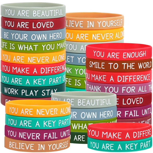 JUNEBRUSHS 64pcs Motivational Silicone Bracelets Bulk Colored Inspirational Rubber Wristbands Unisex for Student Teacher Office Prizes Gifts Back to School Party Favor Supplies