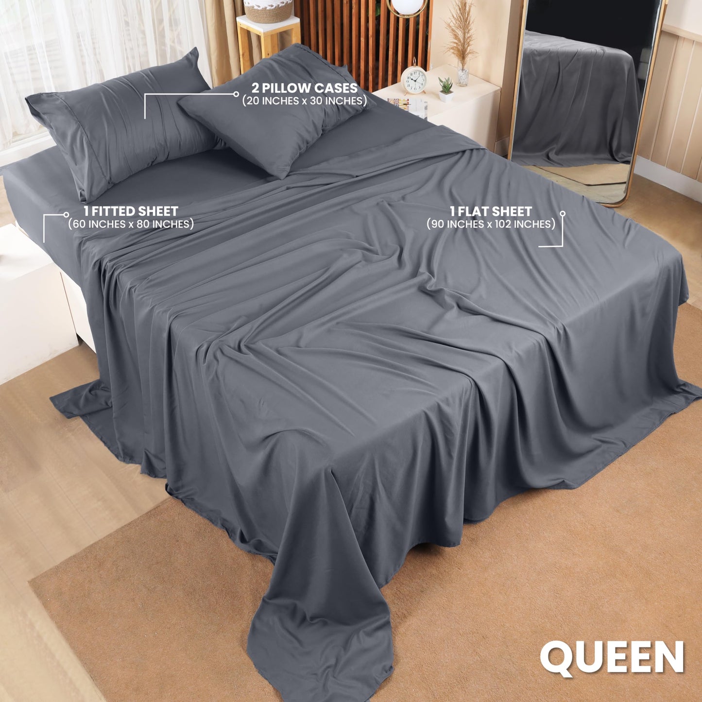 Utopia Bedding Bed Sheet Set - 4 Piece Queen Bedding - Soft Brushed Microfiber Fabric - Shrinkage & Fade Resistant - Easy Care (Queen, Grey)